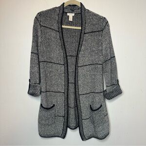 Chicos Black And White Open Cardigan Size 1 M Medium Roll Tab